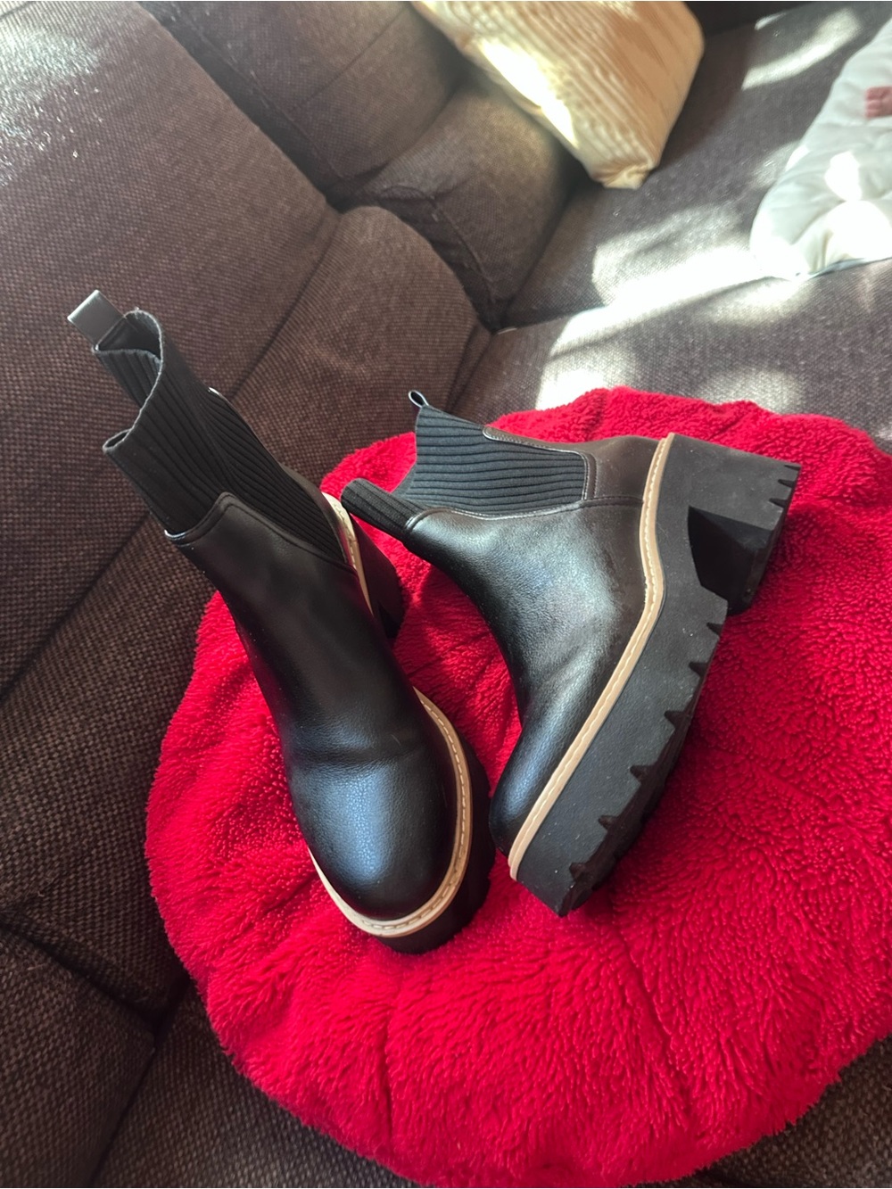 Dolce Vita Black Leather Lug Chelsea Booties with Tan Welt